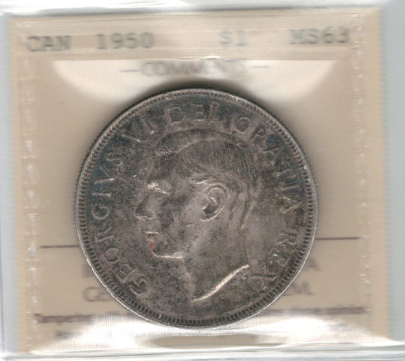 Canada: 1950 $1 Silver Dollar SWL ICCS MS63 Canada: 1950 $1 Silver Dollar SWL ICCS MS63