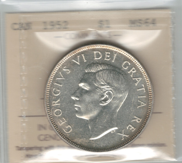 Canada: 1952 $1 Silver Dollar WL ICCS MS64 #2 Canada: 1952 $1 Silver Dollar WL ICCS MS64 #2