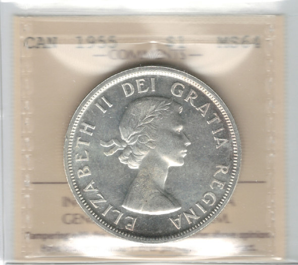 Canada: 1955 $1 Silver Dollar ICCS MS64 #3 Canada: 1955 $1 Silver Dollar ICCS MS64 #3