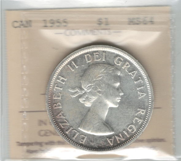 Canada: 1955 $1 Silver Dollar ICCS MS64 #4 Canada: 1955 $1 Silver Dollar ICCS MS64 #4