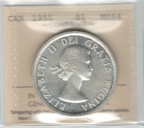 Canada: 1955 $1 Silver Dollar ICCS MS64 #6 Canada: 1955 $1 Silver Dollar ICCS MS64 #6