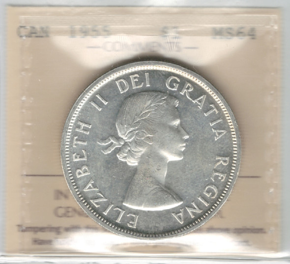 Canada: 1955 $1 Silver Dollar ICCS MS64 #9 Canada: 1955 $1 Silver Dollar ICCS MS64 #9