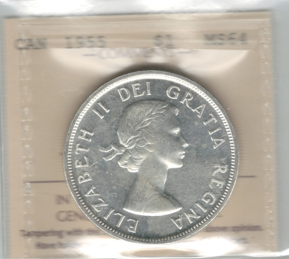 Canada: 1955 $1 Silver Dollar ICCS MS64 #20 Canada: 1955 $1 Silver Dollar ICCS MS64 #20