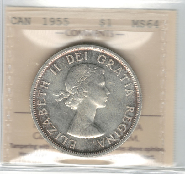 Canada: 1955 $1 Silver Dollar ICCS MS64 #21 Canada: 1955 $1 Silver Dollar ICCS MS64 #21