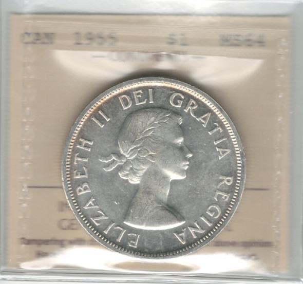 Canada: 1955 $1 Silver Dollar ICCS MS64 #23 Canada: 1955 $1 Silver Dollar ICCS MS64 #23