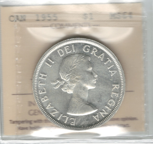 Canada: 1955 $1 Silver Dollar ICCS MS64 #25 Canada: 1955 $1 Silver Dollar ICCS MS64 #25