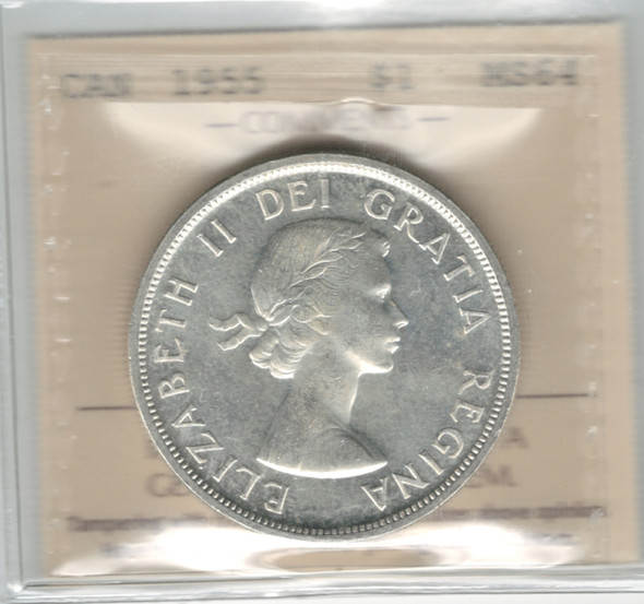 Canada: 1955 $1 Silver Dollar ICCS MS64 #26 Canada: 1955 $1 Silver Dollar ICCS MS64 #26
