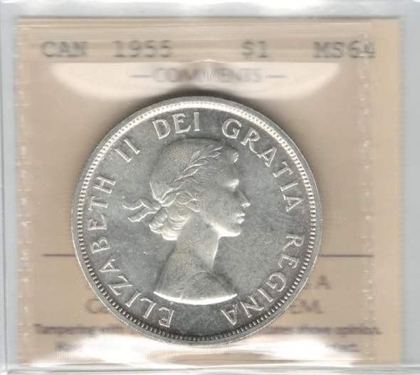 Canada: 1955 $1 Silver Dollar ICCS MS64 #27 Canada: 1955 $1 Silver Dollar ICCS MS64 #27