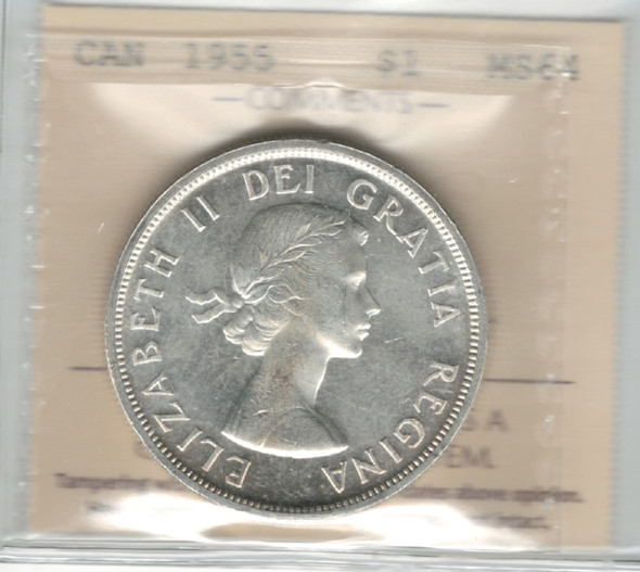 Canada: 1955 $1 Silver Dollar ICCS MS64 #28 Canada: 1955 $1 Silver Dollar ICCS MS64 #28
