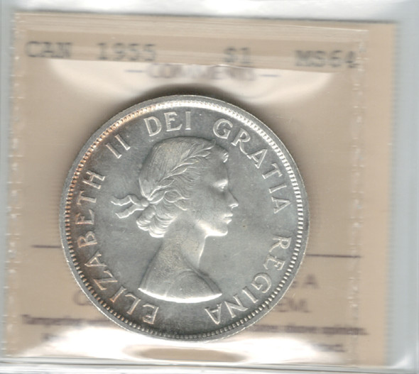 Canada: 1955 $1 Silver Dollar ICCS MS64 #29 Canada: 1955 $1 Silver Dollar ICCS MS64 #29