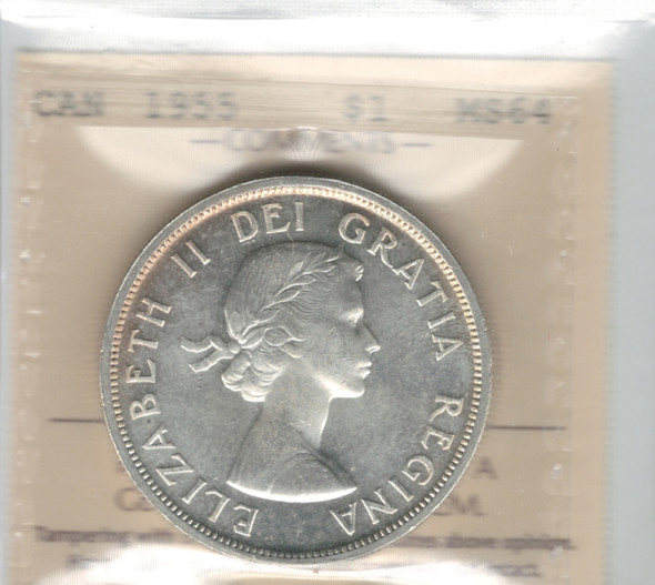 Canada: 1955 $1 Silver Dollar ICCS MS64 #30 Canada: 1955 $1 Silver Dollar ICCS MS64 #30