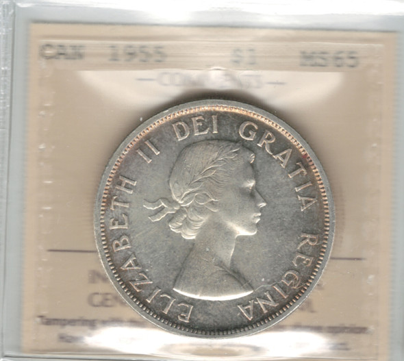 Canada: 1955 $1 Silver Dollar ICCS MS65 Canada: 1955 $1 Silver Dollar ICCS MS65