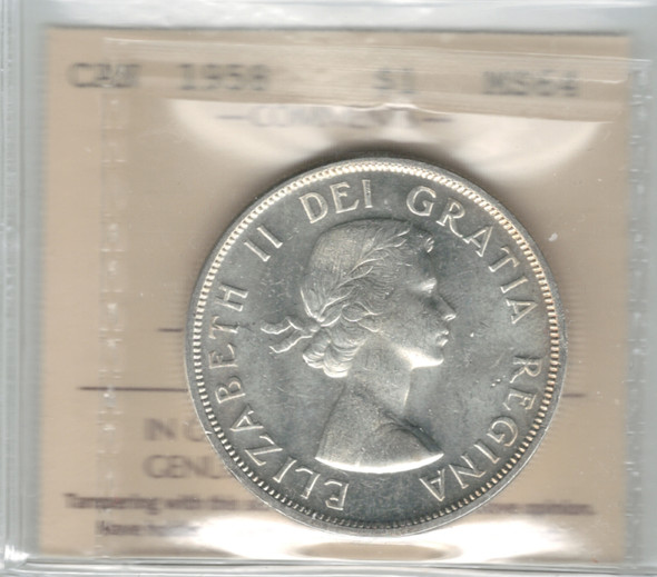 Canada: 1958 $1 Silver Dollar ICCS MS64 Canada: 1958 $1 Silver Dollar ICCS MS64
