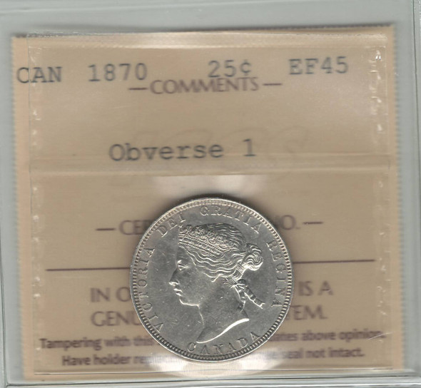 Canada: 1870 25 Cent Obverse 1 ICCS EF45