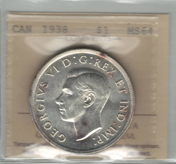Canada: 1938 $1 Silver Dollar ICCS MS64 Canada: 1938 $1 Silver Dollar ICCS MS64