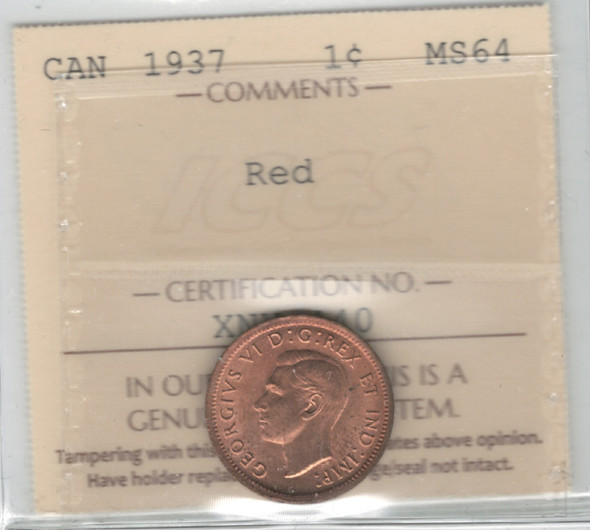 Canada: 1937 1 Cent ICCS MS64 RED