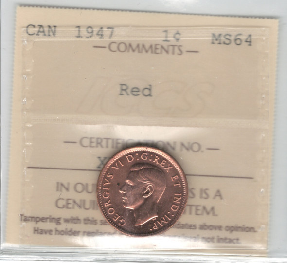 Canada: 1947 1 Cent ICCS MS64 Red Canada: 1947 1 Cent ICCS MS64 Red