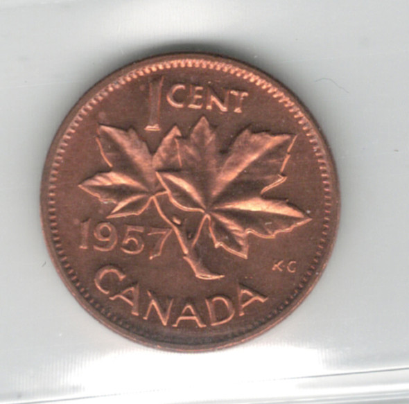 Canada: 1957 1 Cent Hanging 7 ICCS MS65 Red #2