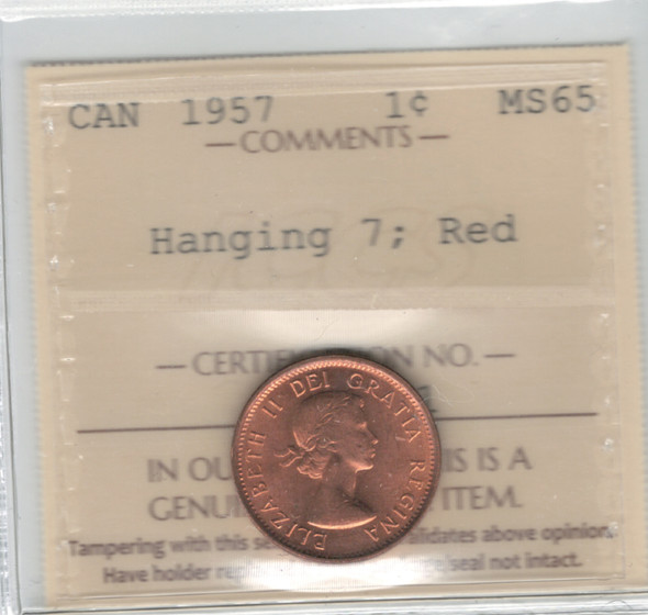Canada: 1957 1 Cent Hanging 7 ICCS MS65 Red #2