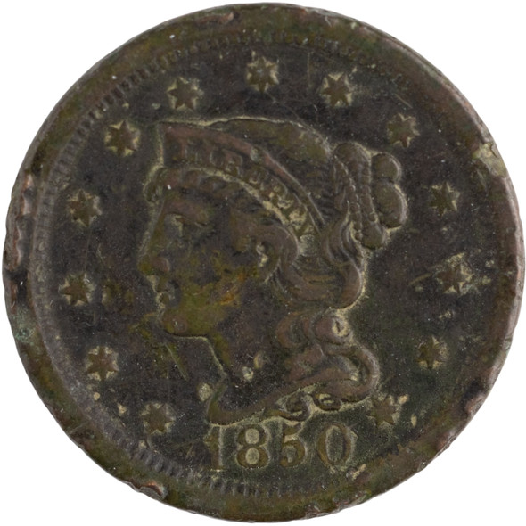 United States: 1850 1 Cent Braided Hair F Rim Nick