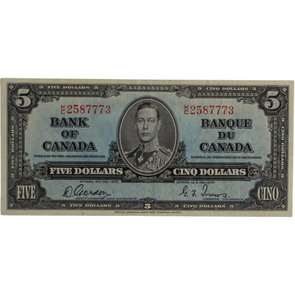 Canada: 1937 $5 Bank Of Canada Banknote Gordon-Towers K/C EF