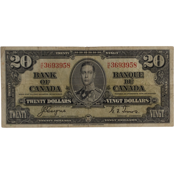 Canada: 1937 $20 Bank Of Canada Banknote Coyne-Towers H/E F Tear