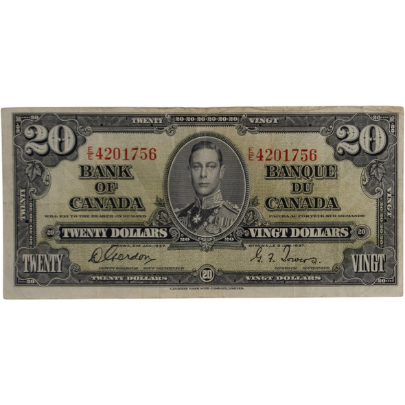Canada: 1937 $20 Bank Of Canada Banknote Gordon-Towers E/E