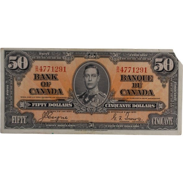 Canada: 1937 $50 Bank Of Canada Banknote Coyne-Towers VF Tear