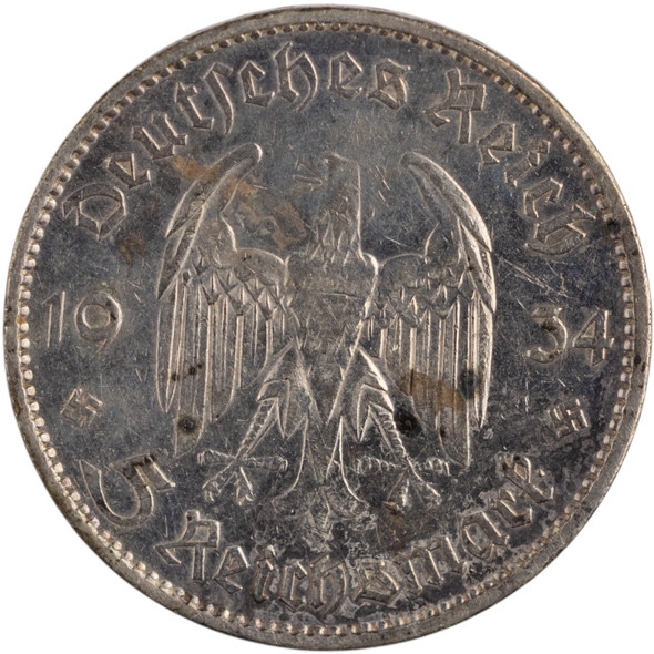 Germany: 1934 E Silver 5 Marks Third Reich