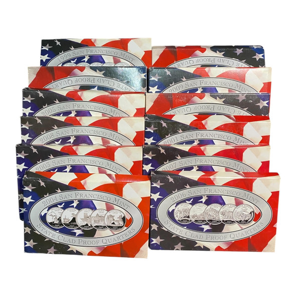 United States: 2000s 25 Cent 50 State Quarters Statehood Silver Proof Coin Set Collection (12 Sets)