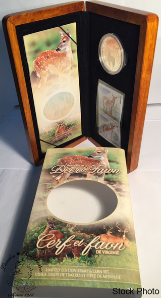 Canada: 2005 $5 Limited-Edition Stamp & Coin Set. White-Tailed Deer & Fawn **Corner of Wooden Box chipped**
