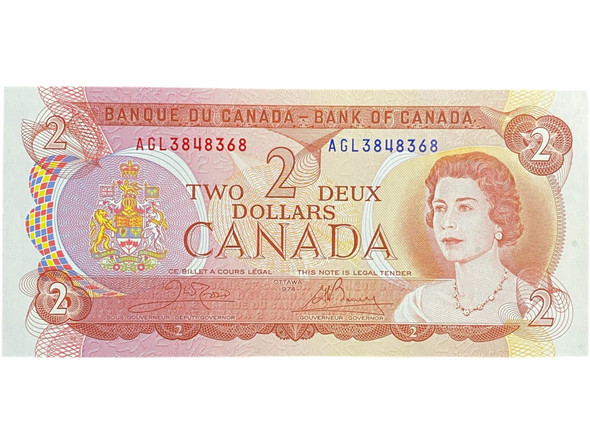 Canada: 1974 $2 Bank Of Canada Banknote Crow-Bouey BC-47a-i 3 Letters UNC