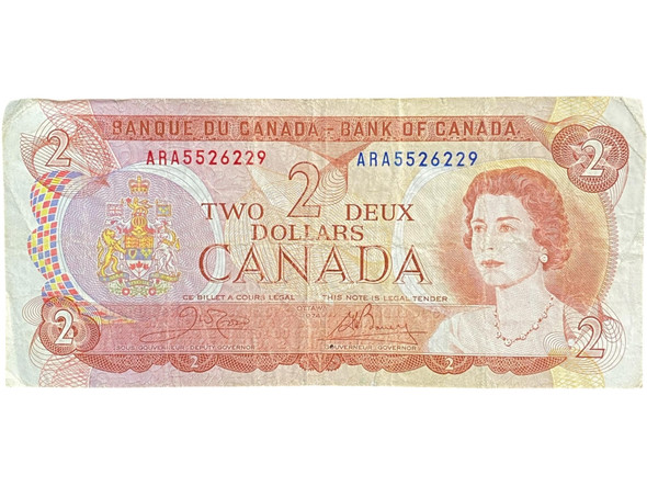 Canada: 1974 $2 Bank Of Canada Banknote Crow-Bouey BC-47a-i 3 Letters Circulated