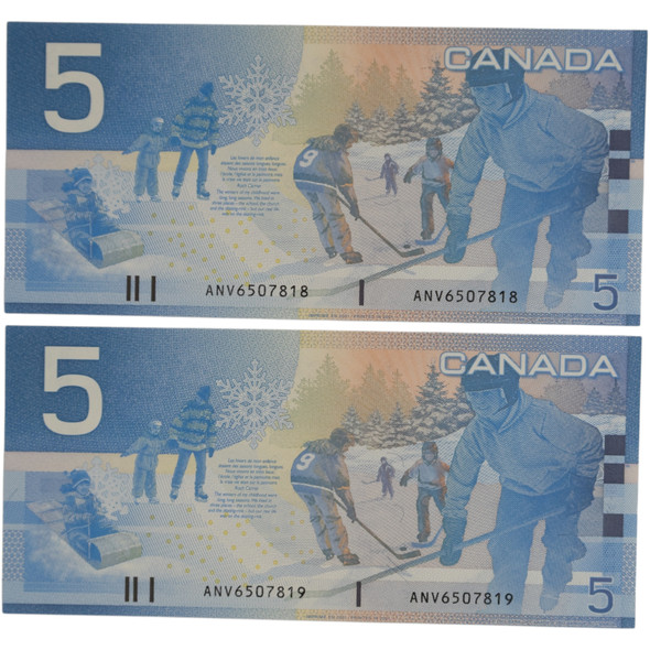 Canada: 2002 $5 Bank Of Canada Banknote BC-62a UNC 2 In Sequence