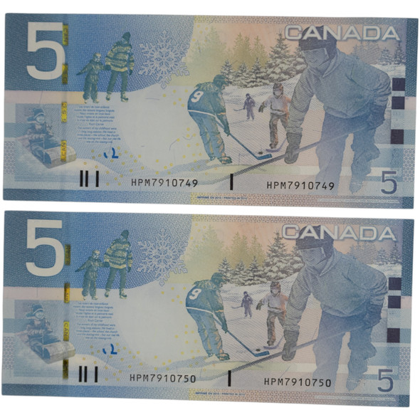 Canada: 2010 $5 Bank Of Canada Banknote BC-62b-i UNC 2 In Sequence