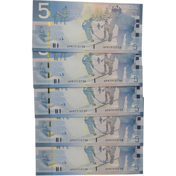 Canada: 2010 $5 Bank Of Canada Banknote BC-62b-i UNC 5 In Sequence