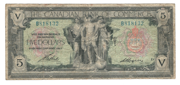 Canada: 1917 $5 The Canadian Bank of Commerce  Banknote F12