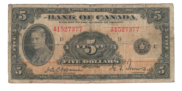 Canada: 1935 $5 Banknote - Bank of Canada English  BC-5 VG