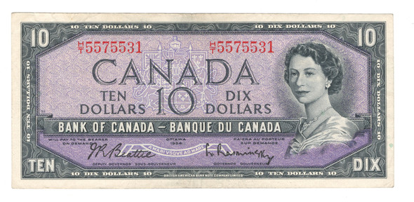 Canada: 1954 $10 Bank Of Canada Banknote Beattie-Rasminsky Circulated