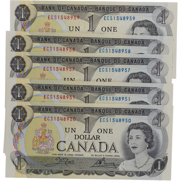 Canada: 1973 $1 Bank Of Canada Banknote Crow-Bouey BC-46b 3 Letters 8x in Sequence #4