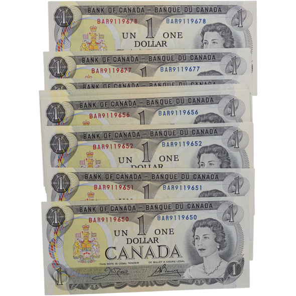 Canada: 1973 $1 Bank Of Canada Banknote Crow-Bouey BC-46b 3 Letters 29x in Sequence