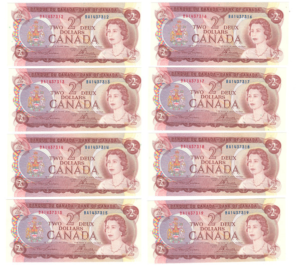 Canada: 1974 $2 Bank Of Canada Banknote Lawson-Bouey BC-47a 2 Letters 8x in Sequence