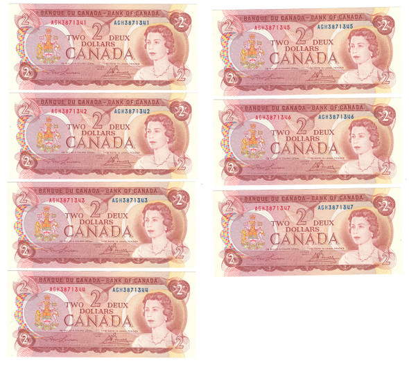 Canada: 1974 $2 Bank Of Canada Banknote Lawson-Bouey BC-47a-i 3 Letters 7x in Sequence