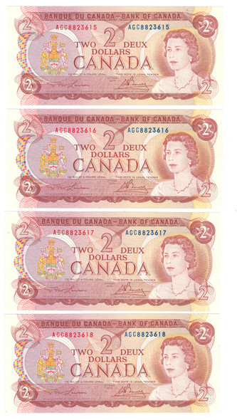 Canada: 1974 $2 Bank Of Canada Banknote Lawson-Bouey BC-47a-i 3 Letters 4x in Sequence