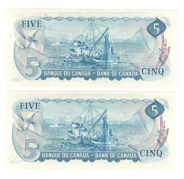 Canada: 1972 $5 Bank Of Canada Banknote Bouey-Rasminsky BC-48a 2x in sequence