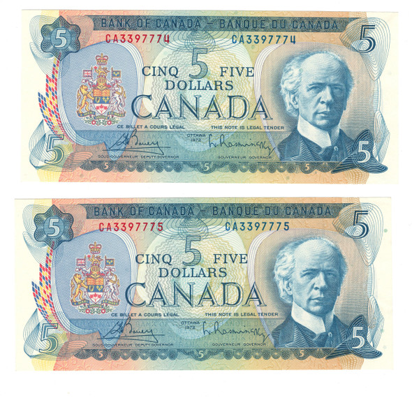 Canada: 1972 $5 Bank Of Canada Banknote Bouey-Rasminsky BC-48a 2x in sequence