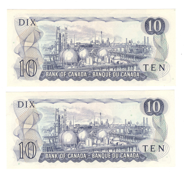 Canada: 1971 $10 Bank Of Canada Banknote Lawson-Bouey BC-49c 2x in sequence