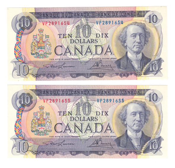 Canada: 1971 $10 Bank Of Canada Banknote Lawson-Bouey BC-49c 2x in sequence