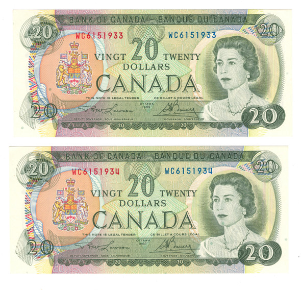 Canada: 1969 $20 Bank Of Canada Banknote Lawson-Bouey BC-50b 2x in sequence
