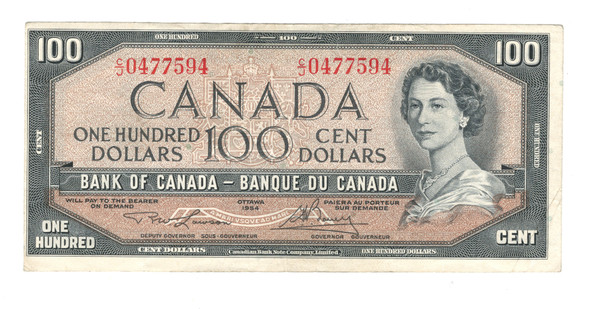 Canada: 1954 $100 Bank Of Canada Banknote Lawson-Bouey #8